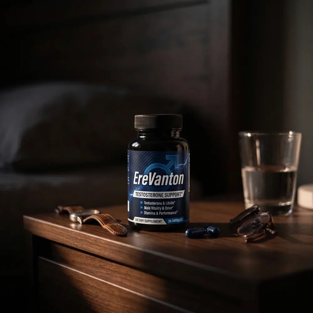 A bottle of EreVanton on a nightstand at dawn, next to a glass of water